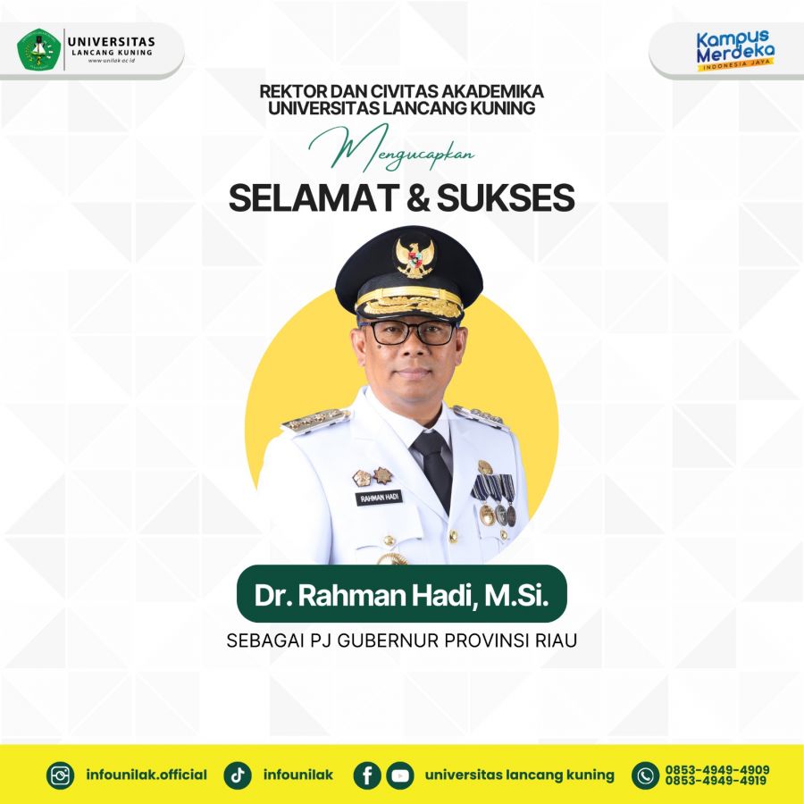 Resmi Dilantik, Rektor Unilak Ucapkan Selamat kepada Pj Gubernur Riau Rahman Hadi